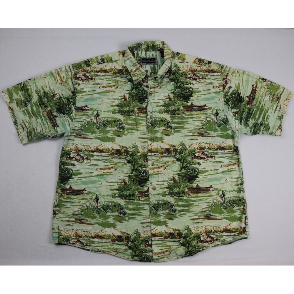 Field & Stream Mens XL Green Fishing Outdoor Cabin Scene Short Sleeve Shirt XL
